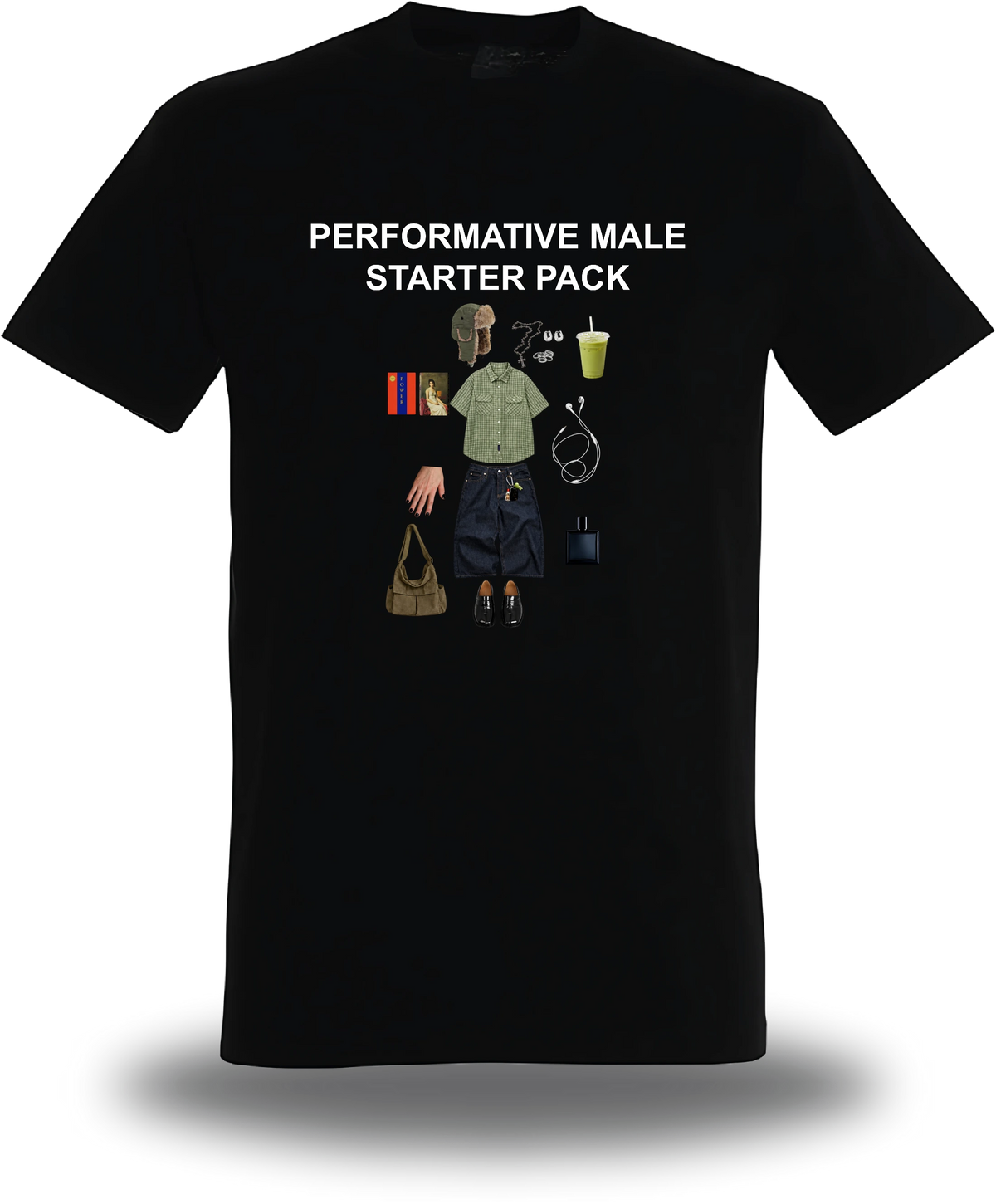 T-shirt nera «Performative Male Starter Pack», vista frontale, design a tema umorismo e meme