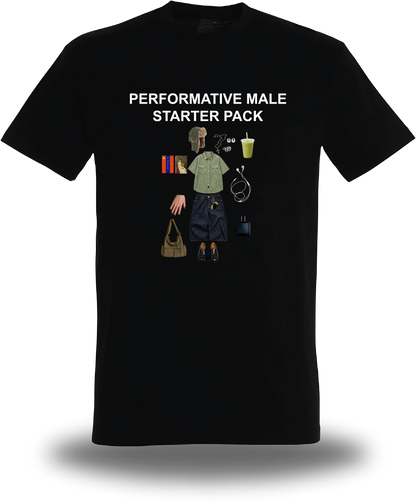 T-shirt nera «Performative Male Starter Pack», vista frontale, design a tema umorismo e meme
