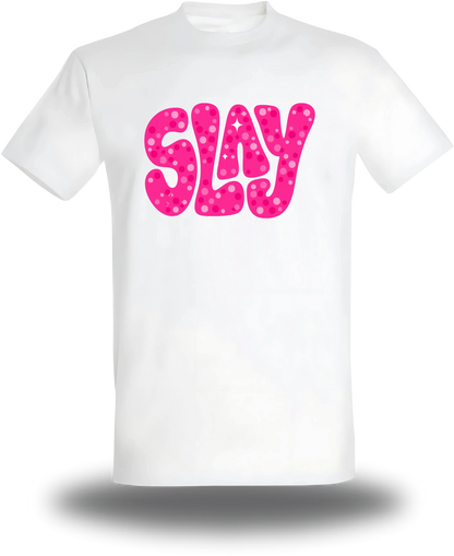 T-shirt blanc Slay Rose vu de face, design humour, Slay Rose, assument
