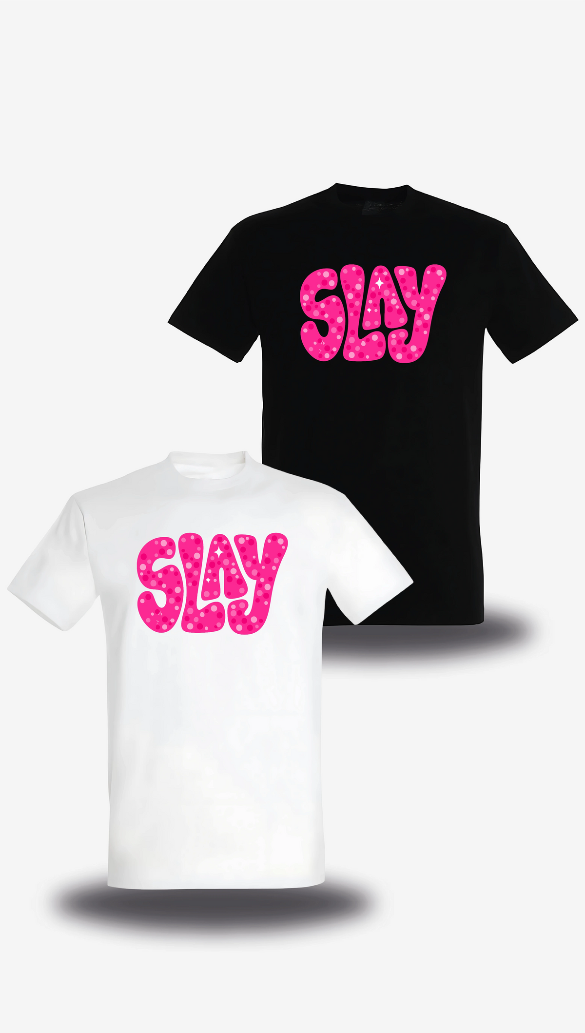 T-shirt Slay Rose en blanc et noir, vus de face, design humour, Slay Rose, assument