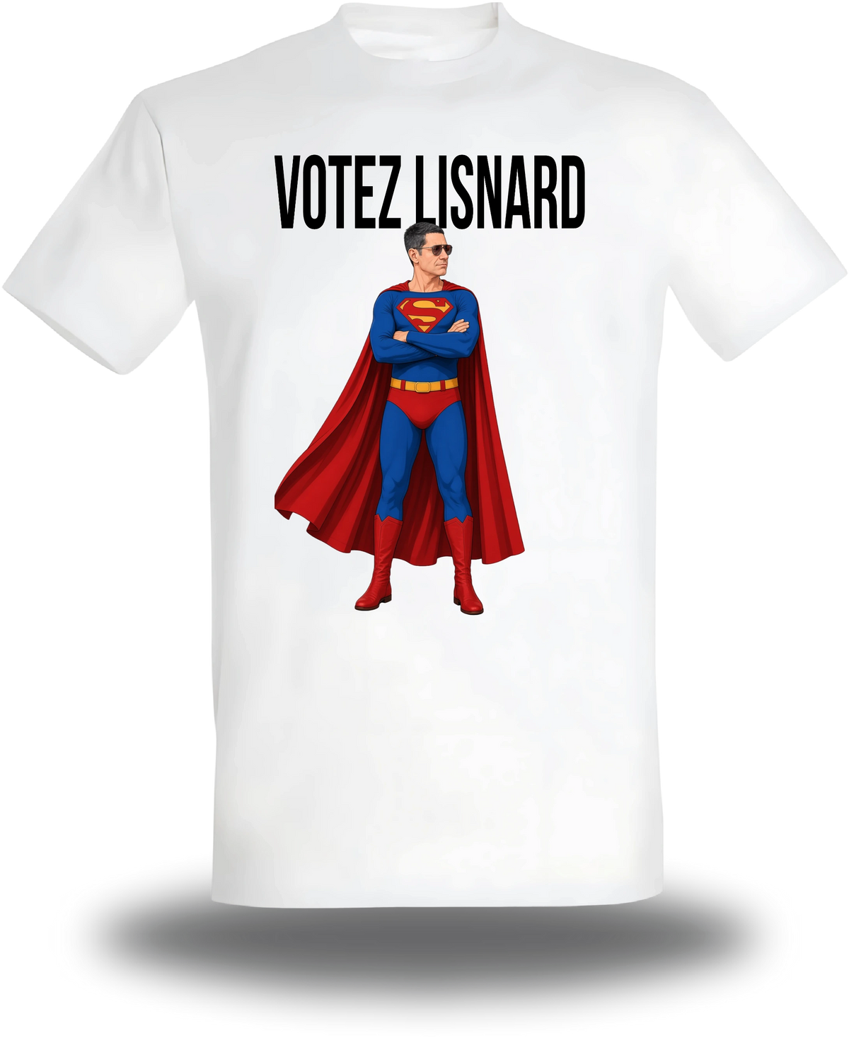 T-shirt blanc « Votez Lisnard Superman » vu de face, design politique et élection