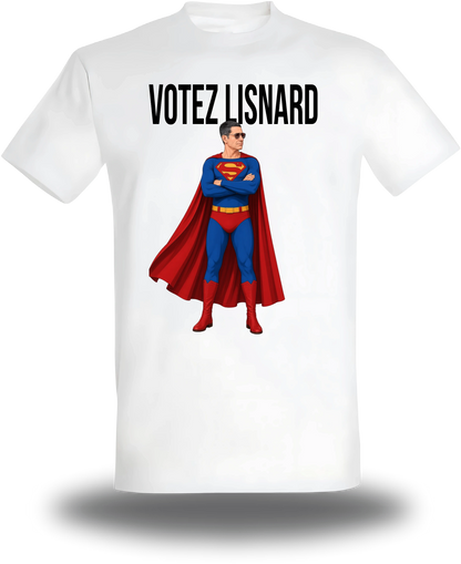 T-shirt blanc « Votez Lisnard Superman » vu de face, design politique et élection