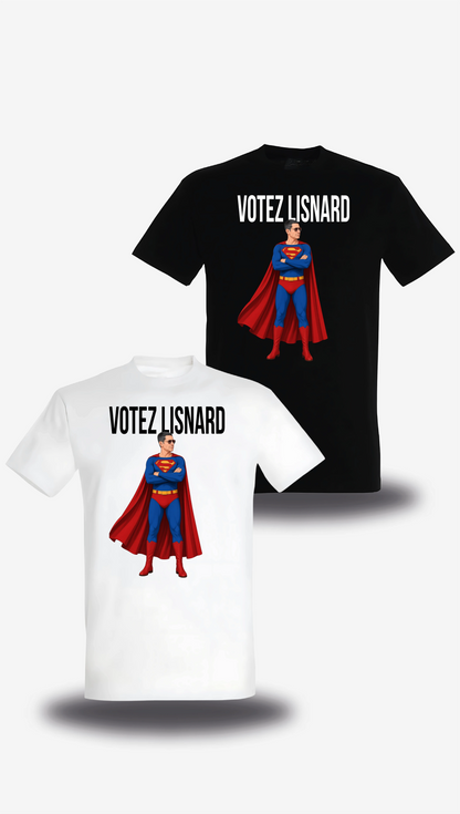 T-shirt « Votez Lisnard Superman » en blanc et noir, vus de face, design politique et élection