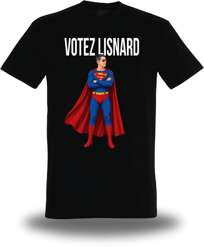 T-shirt noir « Votez Lisnard Superman » vu de face, design politique et élection