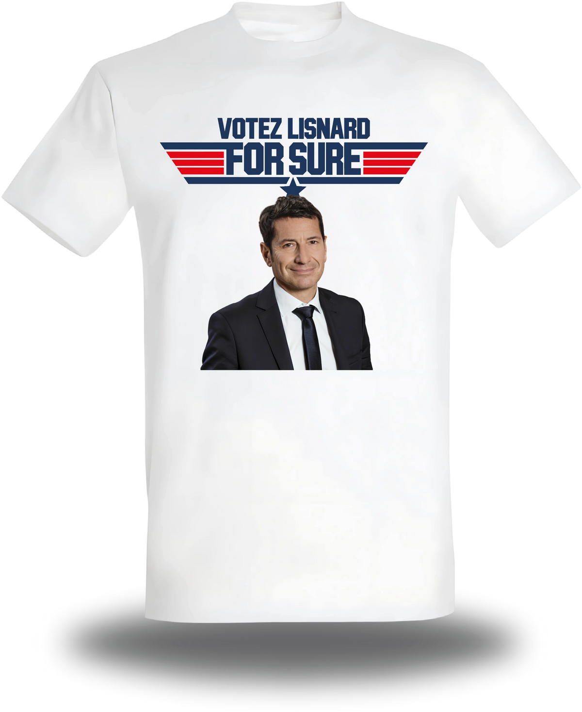 T-shirt blanc « Votez Lisnard - For Sure » vu de face, design politique et élection