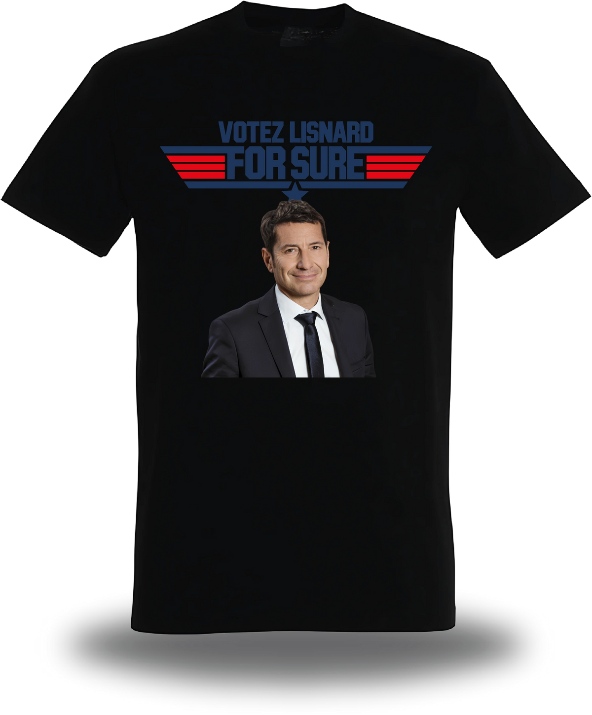 T-shirt noir « Votez Lisnard - For Sure » vu de face, design politique et élection