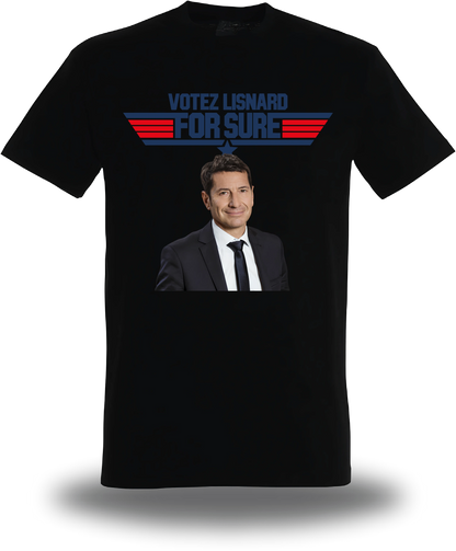 T-shirt noir « Votez Lisnard - For Sure » vu de face, design politique et élection