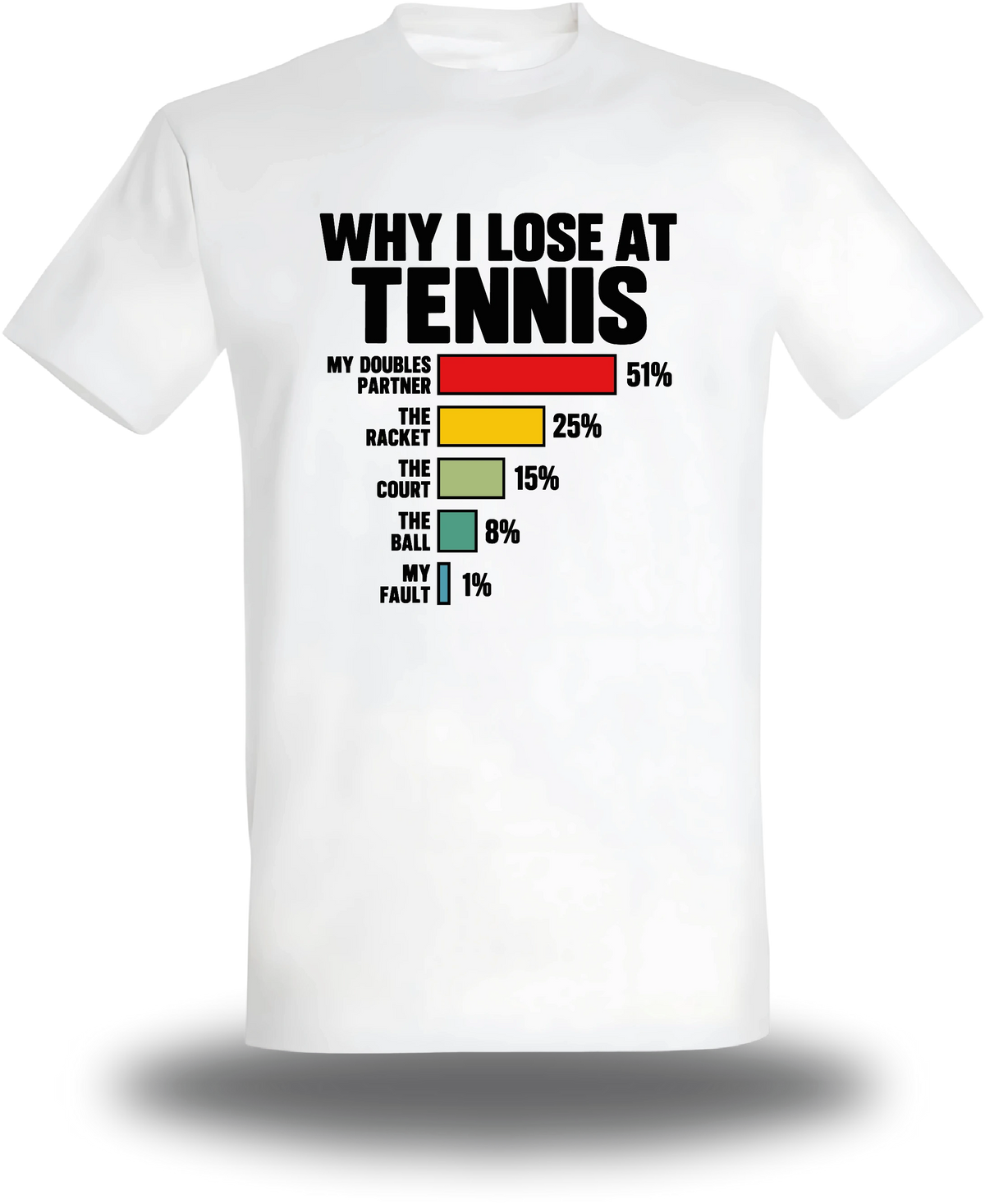 T-shirt blanc Why I Loose At Tennis vu de face, design humour, sport, Lose, parfait