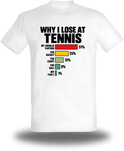 T-shirt blanc Why I Loose At Tennis vu de face, design humour, sport, Lose, parfait