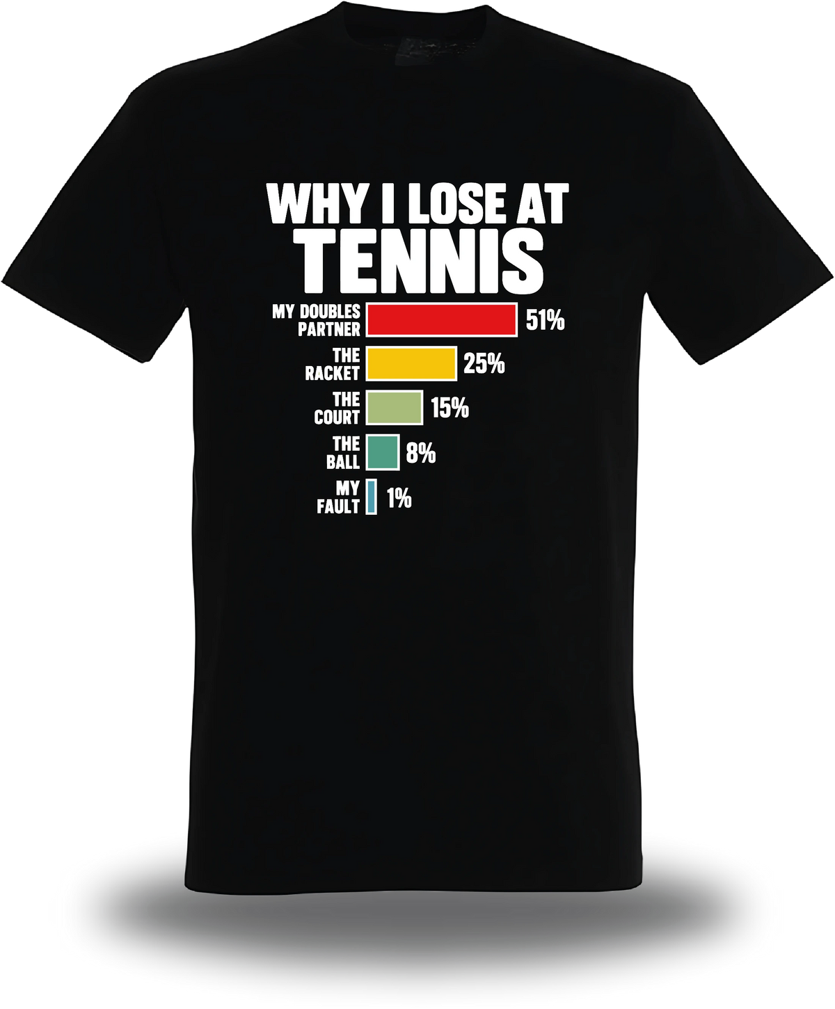 T-shirt noir Why I Loose At Tennis vu de face, design humour, sport, Lose, parfait