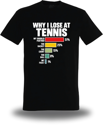 T-shirt noir Why I Loose At Tennis vu de face, design humour, sport, Lose, parfait